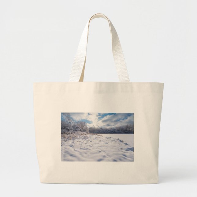 Snow Covered Pond and Woodlands at Salem Hills Large Tote Bag (Front)