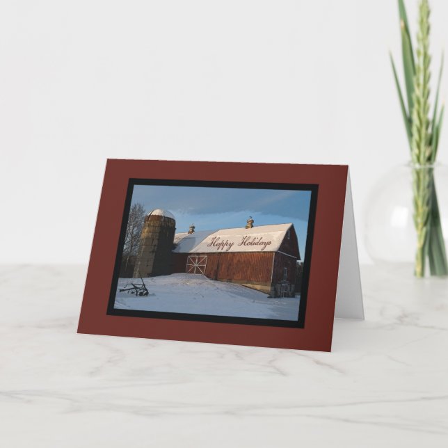 Snow Covered Red Barn and Silo Business Christmas Holiday Card (Front)