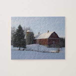 Snow Covered Red Barn in Winter Jigsaw Puzzle