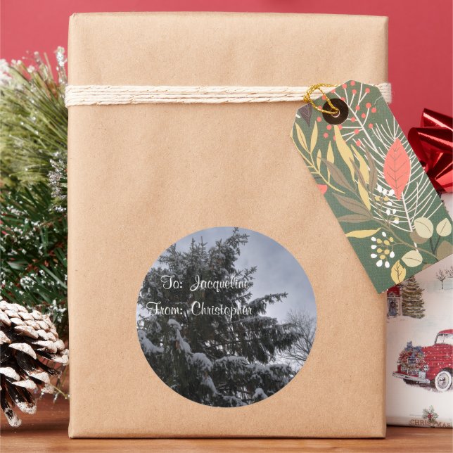 Snow Covered Spruce Tree Gift Tag Stickers (Holiday)