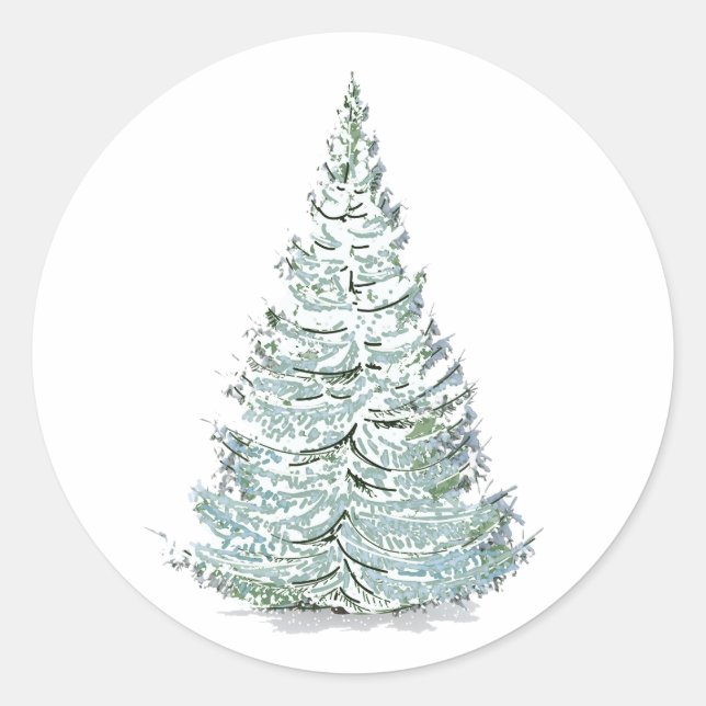 Snow Covered Spruce Tree Illustration Classic Round Sticker (Front)