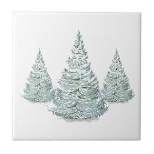 Snow Covered Spruce Trees Illustration Ceramic Tile