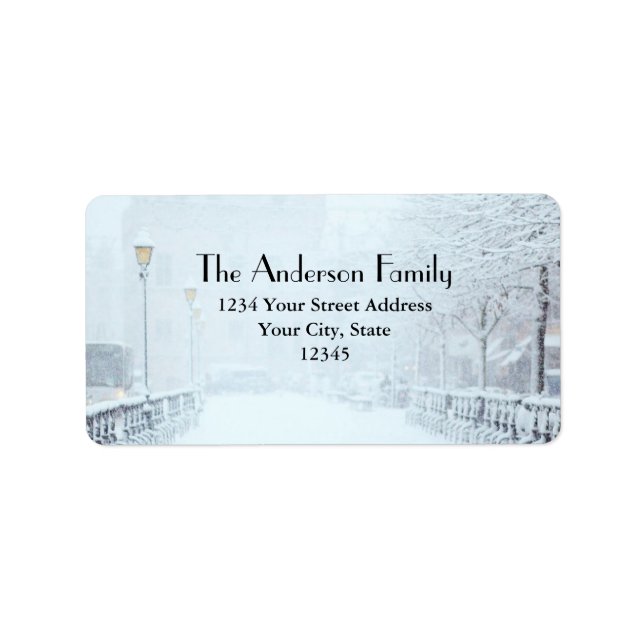 Snow covered street lined with trees and lampposts label (Front)