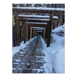 Snow-Covered Torii Path in a Remote Mountain Shrin Poster