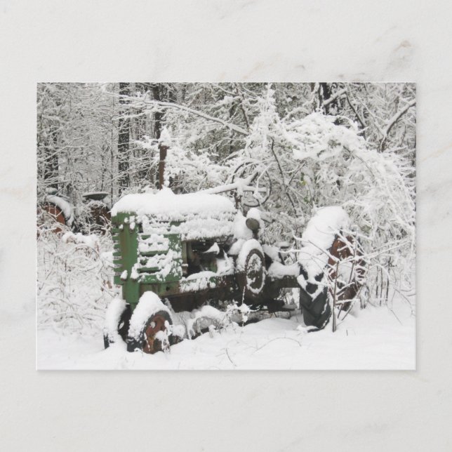 Snow-covered Tractor Holiday Postcard (Front)