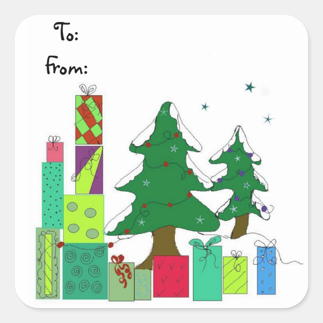Snow Covered Trees and Presents Square Sticker (Front)