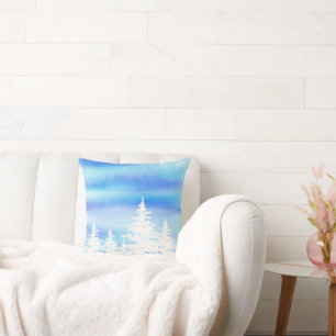 Snow Covered Trees Blue Violet Watercolor Wash Cushion