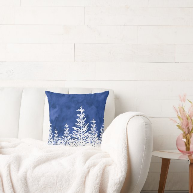 Snow Covered Trees Indigo Watercolor  Cushion (Couch)