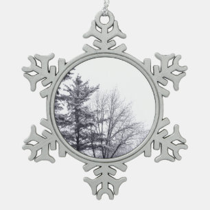 Snow-covered Trees: Vertical Snowflake Pewter Christmas Ornament