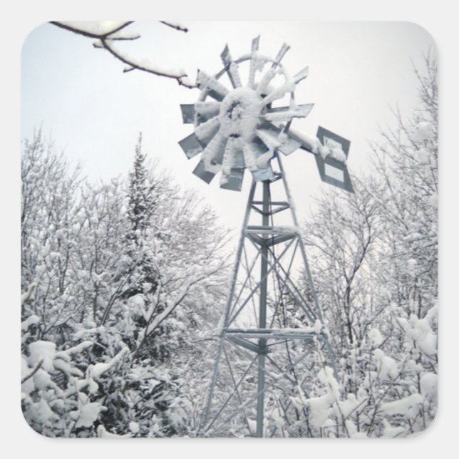 Snow Covered Windmill and Trees Winter Scene Square Sticker (Front)