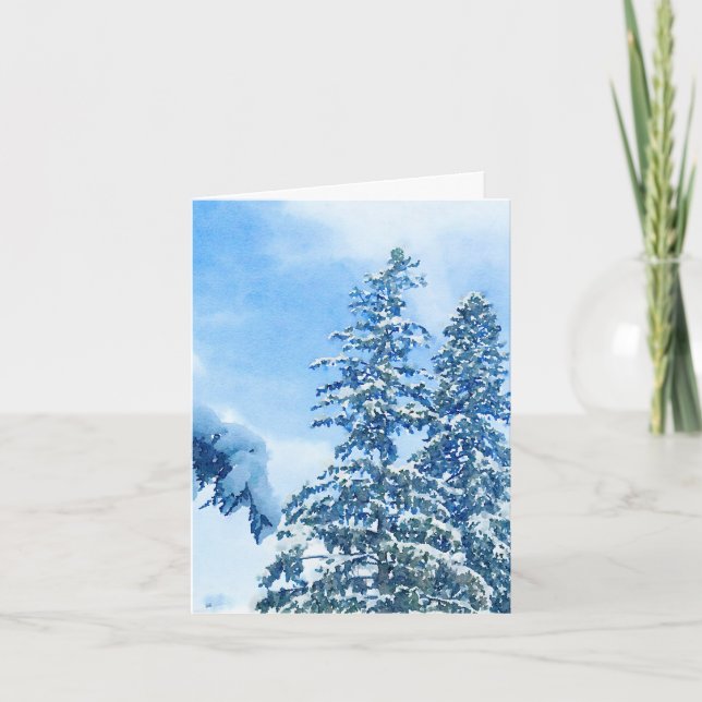 Snow Covered Winter Blue Pine Trees Holiday Card (Front)