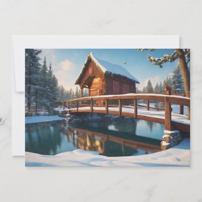 Snow covered wooden bridge holiday card (Front)