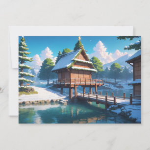 Snow covered wooden bridge holiday card