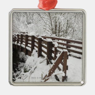 Snow Covered Wooden Bridge Metal Ornament