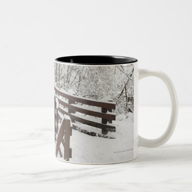 Snow Covered Wooden Bridge Two-Tone Coffee Mug (Right)