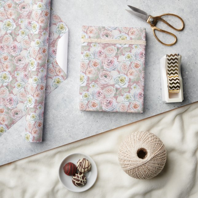 Snow crystals blush roses seamless pattern wrapping paper (Crafts)