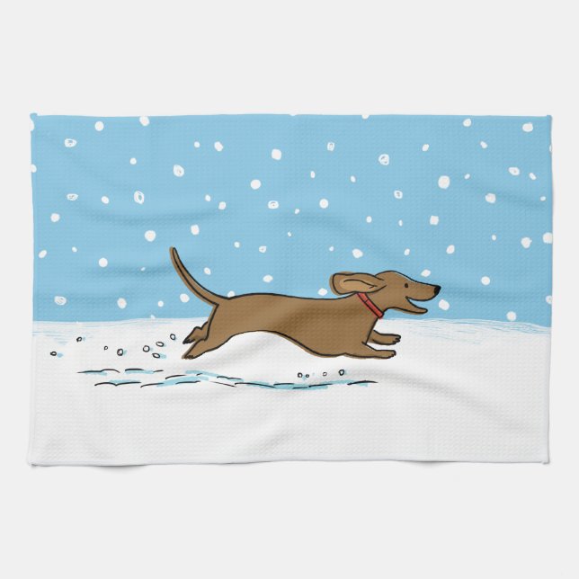 Snow Dachshund - Wiener Dog Christmas Holiday Tea Towel (Horizontal)