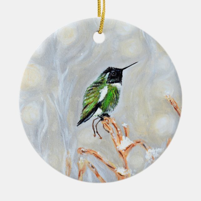 Snow Day Hummingbird Painting Postcard Ceramic Ornament (Front)