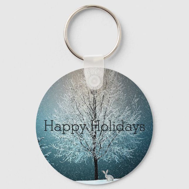 Snow Day, Snow Covered Tree, Bunny Key Ring (Front)