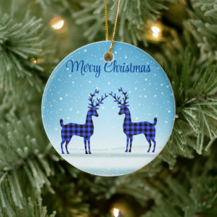 Snow Day with Blue Plaid Reindeer  Ceramic Ornament