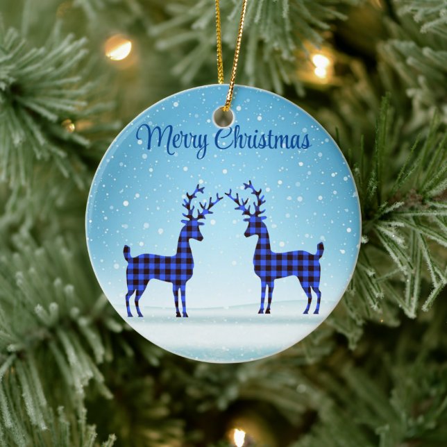 Snow Day with Blue Plaid Reindeer  Ceramic Ornament (Tree)