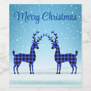 Snow Day with Blue Plaid Reindeer Wine Label