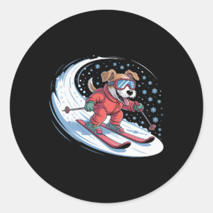 Snow Dog Skiing Puppy Cute Winter Sports Funny Ski Classic Round Sticker
