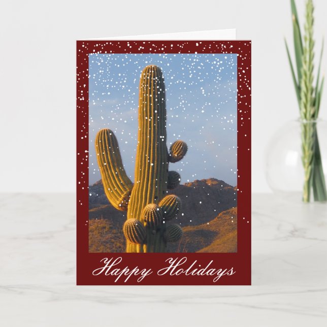 Snow Dust Saguaro Cactus Customisable Holiday Card (Front)