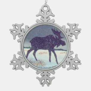 Snow Dusted Moose Painting Snowflake Pewter Christmas Ornament
