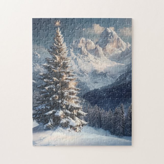 Snow-Dusted Pine on a Winter Mountainside Jigsaw Puzzle (Vertical)