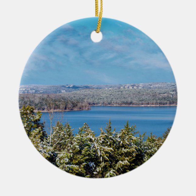 Snow Dusting At Table Rock Lake Ceramic Ornament (Front)