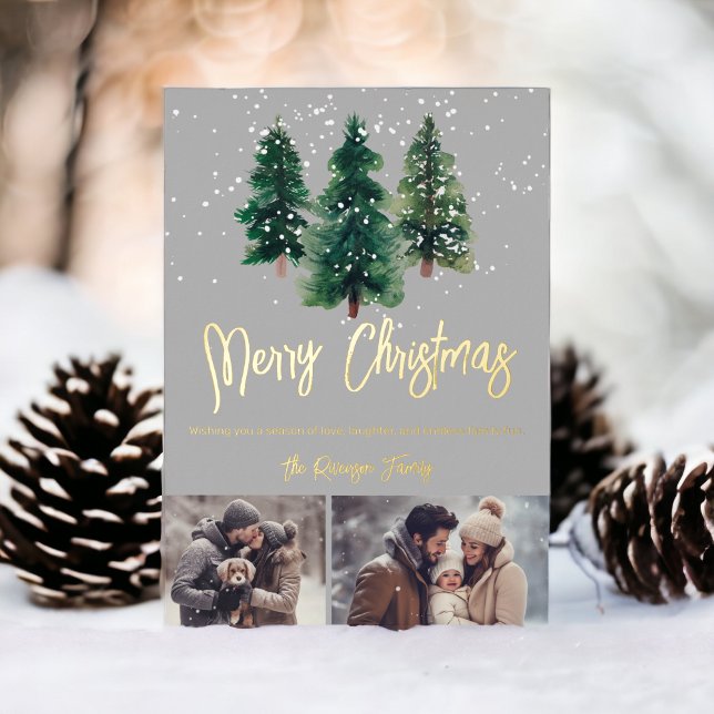  Snow elegant christmas trees family 2 photos Foil Holiday Card (Snow elegant christmas trees family 2 photos Foil Holiday Card)