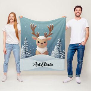 Snow Elk Cute Kawaii Brown Print Fleece Blanket