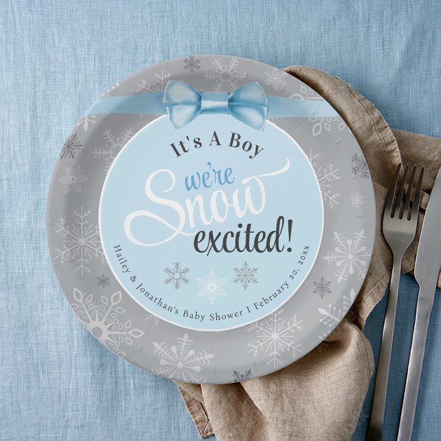 Snow Excited Baby Boy Blue & Grey Snowflake Shower Paper Plate (Cute pastel blue Its A boy We're Snow Excited winter snowflake baby brunch shower table decor plates)