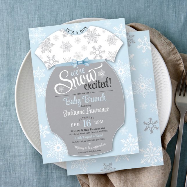 Snow Excited Baby Shower Blue Snowflake Its A Boy Invitation (We're Snow Excited blue & gray baby boy winter snowflake baby bodysuit brunch shower invitation)