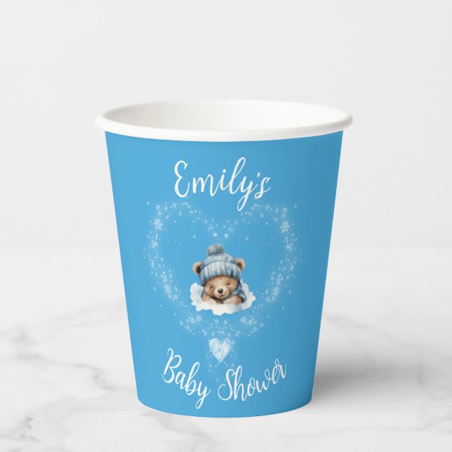Snow Excited Blue Teddy Bear Baby Shower Paper Cups (Front)