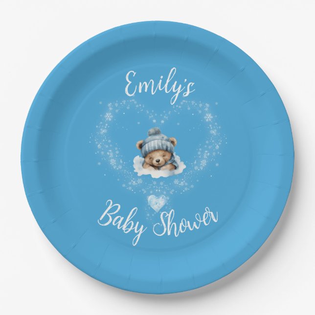 Snow Excited Blue Teddy Bear Baby Shower Paper Plate (Front)