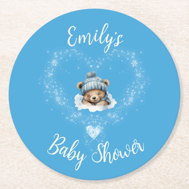 Snow Excited Blue Teddy Bear Baby Shower Round Paper Coaster (Front)
