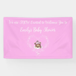 Snow Excited Pink Teddy Bear Baby Shower Banner