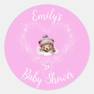 Snow Excited Pink Teddy Bear Baby Shower Classic Round Sticker