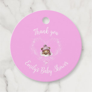 Snow Excited Pink Teddy Bear Baby Shower Favour Tags
