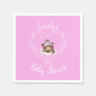 Snow Excited Pink Teddy Bear Baby Shower Napkin