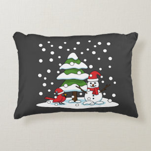 Snow Falling on Cardinal, Snowman and Pine Tree Decorative Cushion