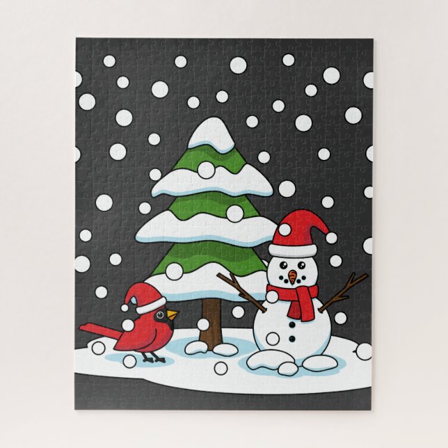 Snow Falling on Cardinal, Snowman and Pine Tree Jigsaw Puzzle (Vertical)