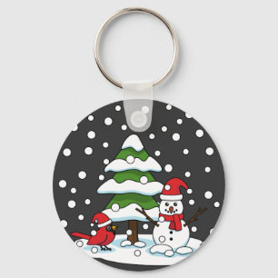 Snow Falling on Cardinal, Snowman and Pine Tree Key Ring