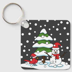 Snow Falling on Cardinal, Snowman and Pine Tree Key Ring