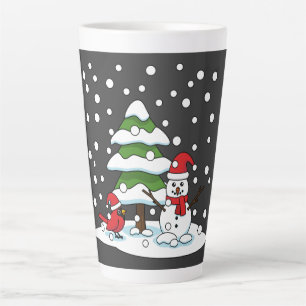 Snow Falling on Cardinal, Snowman and Pine Tree Latte Mug