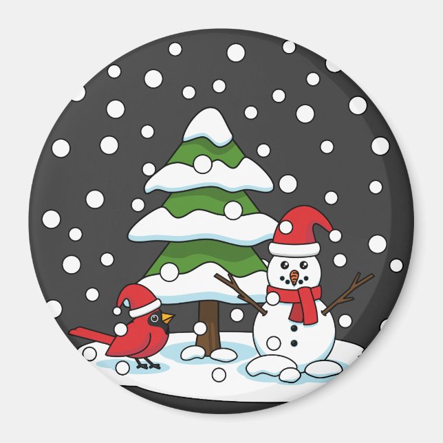 Snow Falling on Cardinal, Snowman and Pine Tree Magnet (Front)