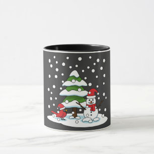 Snow Falling on Cardinal, Snowman and Pine Tree Mug