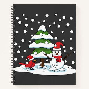 Snow Falling on Cardinal, Snowman and Pine Tree Notebook